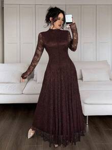 Feyla 优雅白色蕾丝连衣裙 - 咖啡棕 - 查看 4