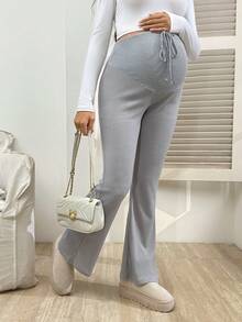 SHEIN Casual Comfortable Drawstring Waist Knitted Waffle Maternity Flare Pants - Grey - View 4