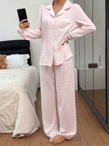 Dream Adore Striped Casual Long Sleeve & Pants Pajama Set, Autumn/Winter - Pink - View 6