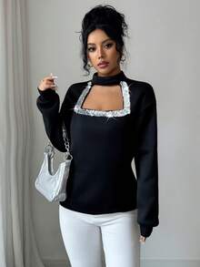 Elenzga Women's Winter Small Round Neck Drop Shoulder Long Sleeve Loose Hem Ribbed Splice Hollow Sequin Trim Elegant Fashion Casual Sweatshirt - Black - View 4