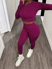 Slaydiva 1 Bộ đồ thể thao liền mạch màu trơn co giãn cao dành cho nữ, áo crop top và quần legging tập thể dục cho năm mới của Trung Quốc dành cho nữ, bộ đồ tập legging cho nữ - Màu Đỏ Sâu - Xem 8