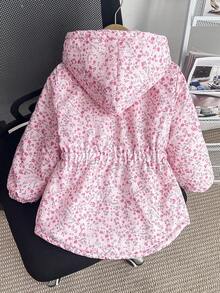SHEIN 女童新款冬季羽绒服，拉链连帽，杏色碎花图案，保暖内衬，修身剪裁，腰部收紧，带口袋，休闲百搭，外套 - 粉色 - 查看 2
