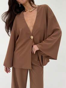 Aloruh Apricot Casual Office Outfit, New Autumn/Winter Loose Blazer Jacket + Wide Leg Pants 2 Pieces Set For Women Brown - Apricot - View 8