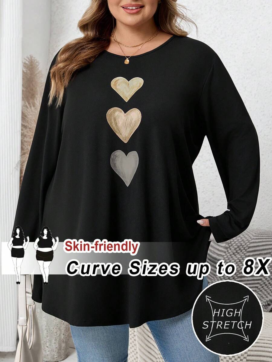 SHEIN CURVE+ Áo thun tay dài cổ tròn in hình trái tim cỡ lớn dành cho nữ - màu đen - Xem 1