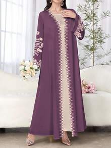 SHEIN Najma 女士花卉印花优雅长袖开衫，轻薄款阿巴雅式长袍，春秋季