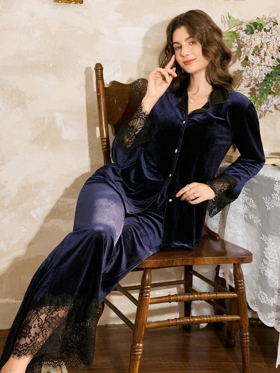 Côtesoire Elegant French Collar Velvet & Lace Patchwork Long Sleeve Women Lace Pajama Set Sleepwear Navy Blue Sleep Wear Women Silk, Fall & Winter Clothes - Navy Blue - View 1