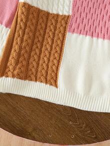 Young Girl Colorblock Cable Knit Sweater, Crew Neck Pullover, Casual Twist Rope Knitwear, Cute & Fashionable Children's Clothing, Suitable For Autumn/Winter, Outdoor & Indoor Wear Preppy Clothes For Kids - Multicolor - View 5