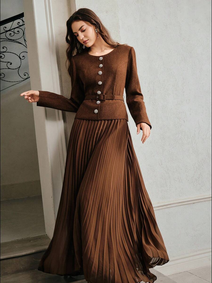 Anewsta Women's Elegant Long Sleeve Belted Pleated Maxi Dress - Coffee Brown - View 1