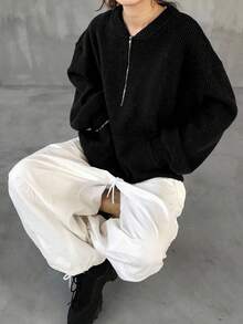 FRIFUL 女士宽松半拉链华夫格针织纯色金属拉链装饰长袖T恤