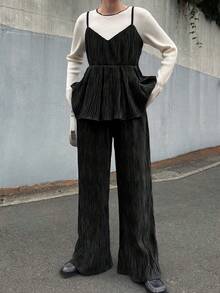 FRIFUL 两件套女士竖纹吊带荷叶边宽松上衣和松紧腰阔腿裤套装 - 鏽棕色 - 查看 1