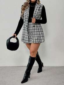 Juhart Ensemble 2 pièces grande taille pour femmes, composé d'un gilet à motif écossais et d'une jupe mi-longue évasée. Élégant pour les déplacements quotidiens