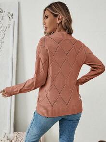 EMERY ROSE Suéter de punto con cuello alto sencillo y diseño de argyle de mujer para uso diario y casual, otoño/invierno - Rosa coral - Ver 2