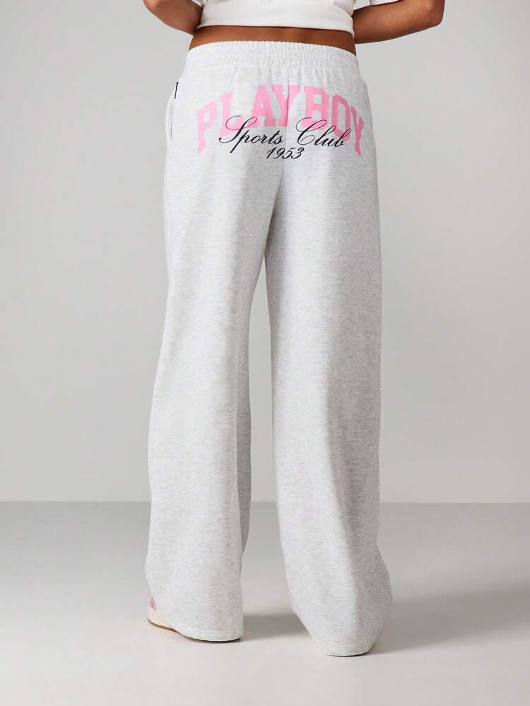 Missguided x Playboy Wide Leg Jogger Sweatpants With Sports Club Print And Drawstring Waistband For Casual Loungewear