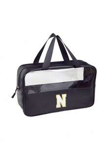 1PC Transparent Letter Toiletry Bag,Fashionable New Square Solid Color Makeup Bag With Embroidery Letters Summer Travel, Vacation Home Bathroom Decor Holiday Makeup Organizer Bathroom Accessories Back To School - Black - View 15