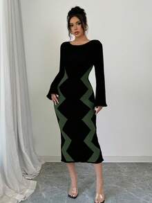 Elenzga Vestido de punto elegante de manga larga y cuello redondo con rayas onduladas ajustado para mujer - Verde Oliva - Ver 4