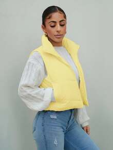 SAYEHFBABY Chaleco acolchado corto con cremallera reversible y botones de pana amarillo casual para mujer en otoño/invierno - Amarillo - Ver 3