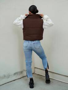 SAYEHFBABY Winter Zip Up Double Face Snap Button Corduroy Drawstring Vest Coat - Brown - View 2