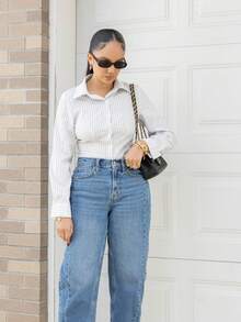 Melissa Matos Autumn Casual Buttoned Long Sleeve Slim Fit Striped Shirt Fall Cloth For Women - White - View 4