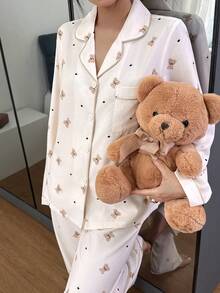 Cute Cartoon Bear Print Lapel Top & Pants Women Pajama Set Soft Pajamas Set Bear Print Pajamas Sleepwear Women Cute Sleepwear, Fall & Winter Clothes Cute Pajama Teddy Bear Pajama Set Kawaii Pajamas Cute Pj Set