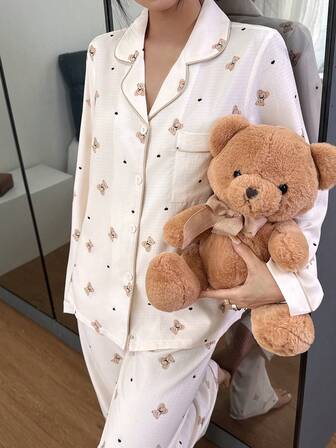 Söt tecknad björntryck med slagtopp och byxor för kvinnor, pyjamasset med mjukt pyjamasset, björntryck, pyjamas, nattkläder för kvinnor, söta nattkläder, höst- och vinterkläder