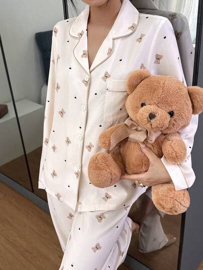 Ensemble pyjama femme imprimé ours de dessin animé mignon, haut col et pantalon. Pyjama doux, imprimé ours, vêtements de nuit femme mignons, vêtements d'automne et d'hiver