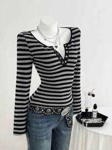 SHEIN Unity 女士优雅条纹长袖T恤，百搭休闲日常穿着，秋冬款 - 彩色 - 查看 4