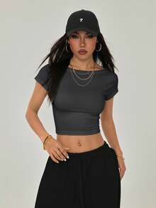 SHEIN PETITE 小号黑色露背T恤，适合夏季穿着 - 深灰色 - 查看 7