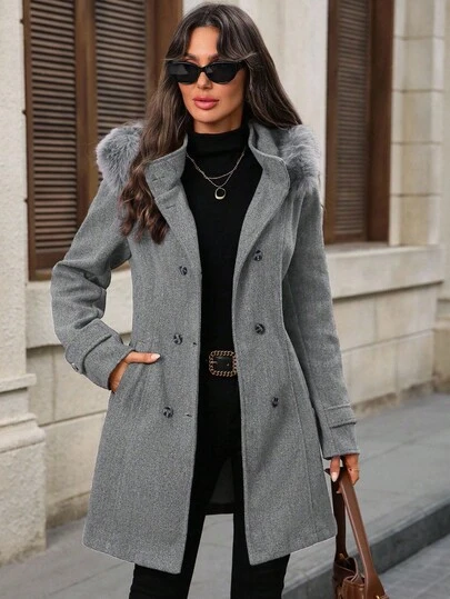 EMERY ROSE Women's Fashionable Double-Breasted Hooded Overcoat, Light Gray