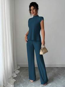 SHEIN PETITE 2pcs Women Casual Elegant Ribbed Short Sleeve Top And Pants Set - Royal Blue - View 5