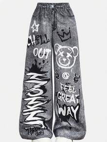 Girlism 青少年女孩秋冬黑色针织羊毛连帽衫，带 3D 耳朵设计和涂鸦印花阔腿牛仔裤两件套