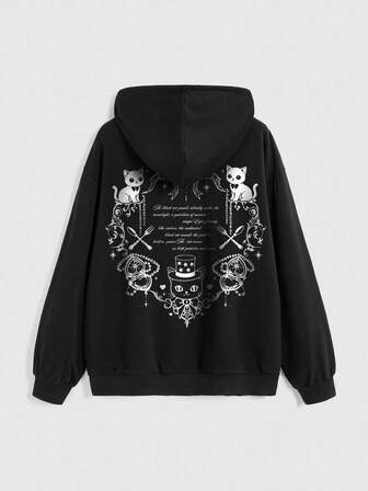 Kawaii هودي سحاب مع جيوب مزين برسم قطة سوداء وصليب جوتي