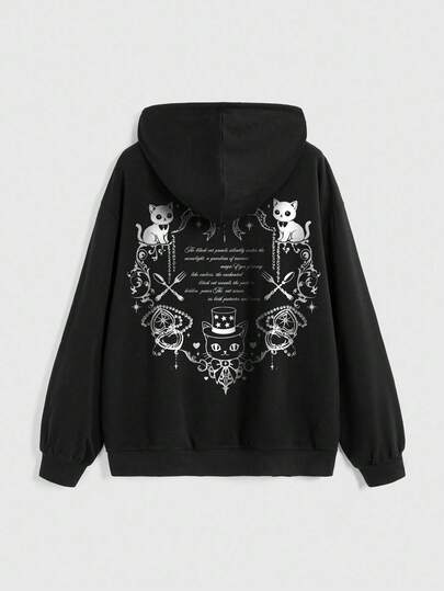Kawaii Gothic Black Cat Cross Bow Graphic Zip Up Hoodie With Pockets
