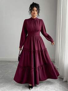 Roveilla 大码女士优雅浪漫褶皱荷叶边收腰长裙，紫色连衣裙，端庄优雅大码连衣裙，酒红色大码连衣裙，酒红色大码冬季连衣裙，曲线优雅连衣裙，大码荷叶边连衣裙，酒红色大码女装 - 紫色 - 查看 5