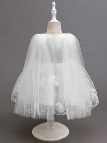 SHEIN Glamorique Kids 女婴香槟色刺绣网纱薄纱连衣裙（带披肩），公主花童连衣裙，适合婚礼、派对、生日、正式场合 - 米色 - 查看 2