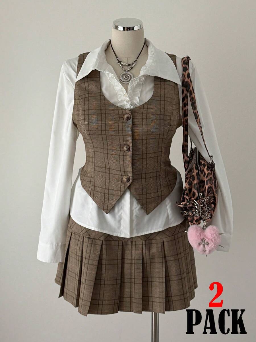 Sunspun 大码返校季格子V领纽扣设计背心和隐形拉链松紧腰褶裙两件套 - 彩色 - 查看 1