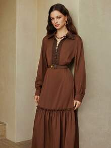 Arave 女士蕾丝拼接腰部荷叶边下摆设计腰带长连衣裙，适合日常通勤 - 咖啡 - 查看 8