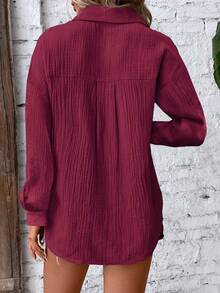 EMERY ROSE Women's Casual Solid Color Button-Up Long Sleeve Shirt - Burgundy - View 2