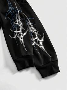 ROMWE MEN Goth Men's Letter & Skull Print Long Sleeve Hooded Sweatshirt With Fur Collar, Casual For Autumn/Winter - Black - View 5