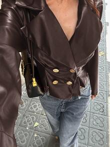 Aloruh Contrast Color Minimalist Jacket, Long Sleeve Outerwear For Early Autumn - Coffee Brown - View 7