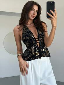 Aloruh Young Lady's Halter Neck Backless Sequin Patchwork Deep Purple-Red Women's Tank Top - Black - View 2