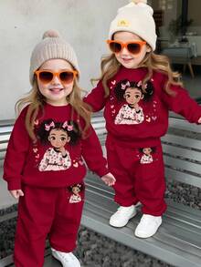 Baby Girl Knitted Soft Pullover Sweatshirt & Sweatpants Set, Thick & Casual, Suitable For Autumn/Winter, Burgundy - Burgundy - View 1
