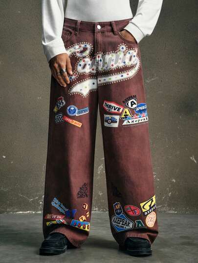 AXEPEAK Pantaloni casual larghi lavati da uomo, con stampa fredda e stile personalizzato