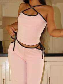 EasyFave Set di canottiera e pantaloni rosa baby Lowkey Lull, con orlo a contrasto ondulato e sexy, pigiama da donna casual e comodo per l'autunno - Rosa - Visualizzare 6