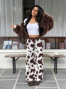 SHEIN EZwear Women's Cow Pattern Knit Pants, Fall Pants For Women