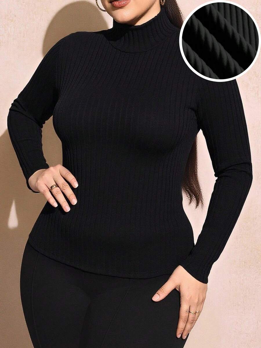 SHEIN SXY 大码女式休闲日常通勤简约纯色罗纹修身打底T恤，秋冬款 - 黑色 - 查看 1