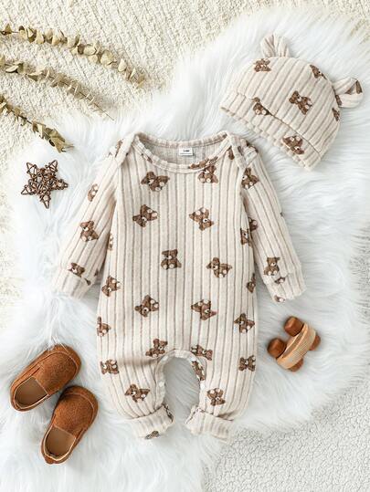 2pcs/Set 0-3 Years Baby Unisex Infant Toddler Bear Print Long Sleeve Romper With 3D Bear Ear Hat 2pcs Set, Knit Fabric, Suitable For Autumn/Winter, Casual Wear, Outings, Vacation Neutral Baby Clothes Baby Romper With Hat Mocha Baby Clothes Baby Bear Outfit Newborn Knit Outfit Boy Baby Casual Romper Baby Fall Newborn Suit New Born Neutral Outfit Natural Baby Clothes New Born Neutral Baby Clothes Unisex