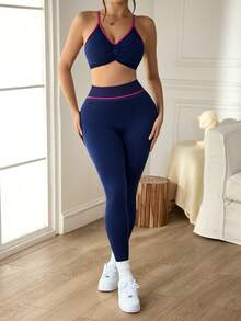SHEIN Sports Bộ áo ngực thể thao lưng nhún chéo và quần legging cạp cao cho nữ - Màu xanh hải quân - Xem 6