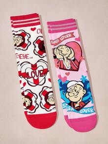 Popeye X SHEIN 2 đôi tất nữ mềm mại, thoáng khí, thấm hút mồ hôi, kiểu dáng thường ngày, dài đến bắp chân, họa tiết hoạt hình dễ thương màu hồng và trắng, mũi và gót được gia cố để tăng độ bền, phù hợp mọi mùa hè và đông, tất in hình, ý tưởng quà tặng. - Nhiều màu - Xem 6