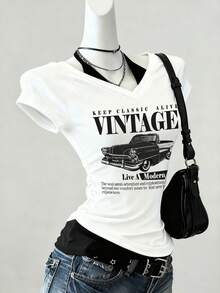 Attitoon Áo thun nữ tay ngắn cổ chữ V buộc dây phối màu tương phản, kiểu dáng retro, họa tiết xe hơi, thích hợp cho mùa hè. - trắng - Xem 6