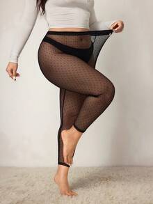 Enliva Plus Size Women's Valentines Lace Black Heart Dot Print Mesh See-Through Tights, Casual Everyday Wear, Spring Summer Winter, For Apple Rounded Body Shape/Valentine's Day - Black - View 6